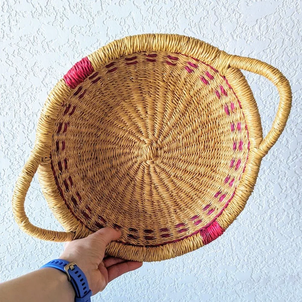 Vintage Tan Pink Purple Woven Wicker Straw Basket Bowl with Handles